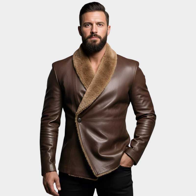 Men Brown Shearling Leather Jacket with Faux Shearling Collar