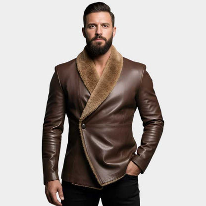 Men Brown Shearling Leather Jacket with Faux Shearling Collar