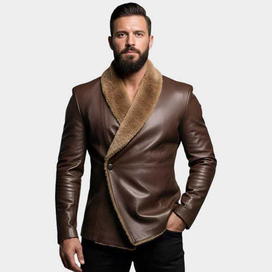 Men Brown Shearling Leather Jacket with Faux Shearling Collar