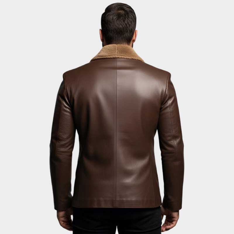 Men Brown Shearling Leather Jacket with Faux Shearling Collar