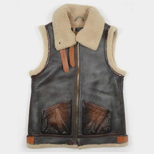Men Distressed Brown Leather Shearling Military Pilot Vest Jacket