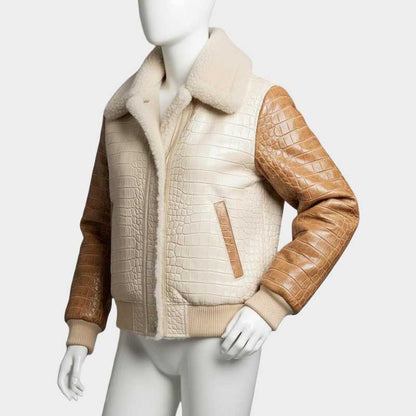 Men Genuine Leather Shearling Jacket with Croc Embossed Bomber Design