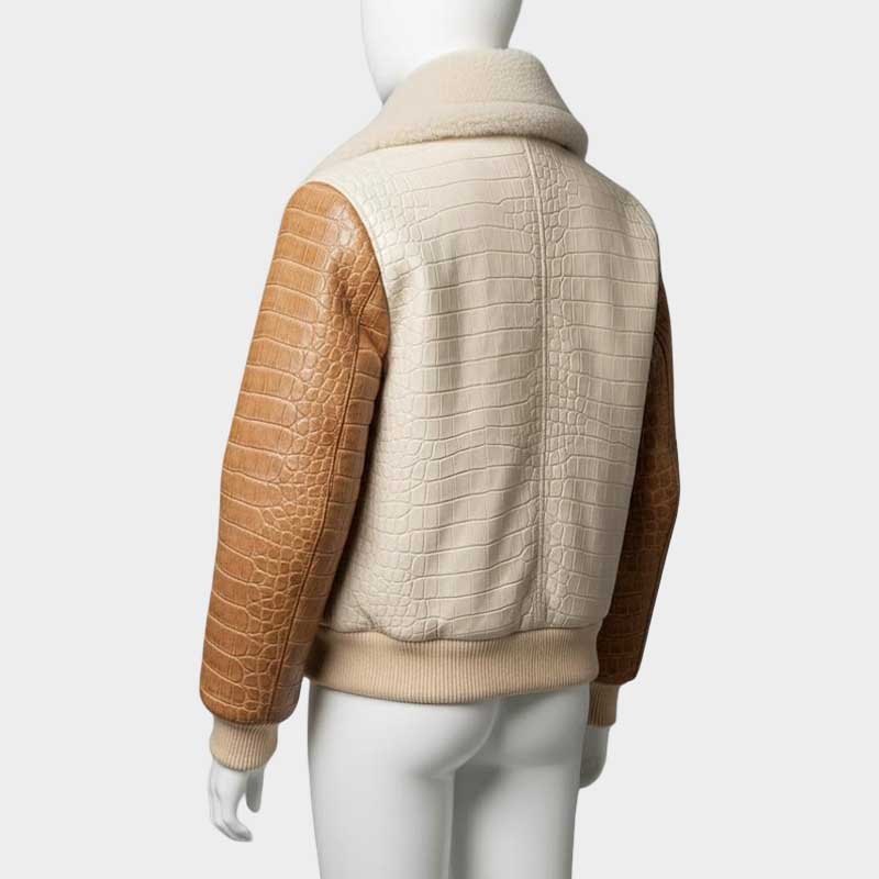 Men Genuine Leather Shearling Jacket with Croc Embossed Bomber Design
