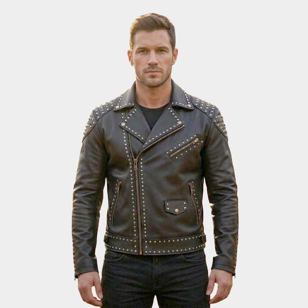 Men Handmade Studded Black Leather Moto Jacket