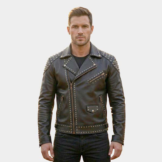 Men Handmade Studded Black Leather Moto Jacket