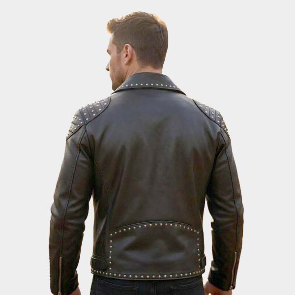 Men Handmade Studded Black Leather Moto Jacket