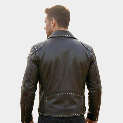 Men Handmade Studded Black Leather Moto Jacket