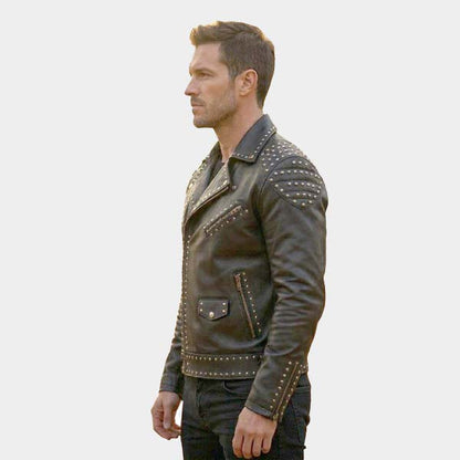 Men Handmade Studded Black Leather Moto Jacket
