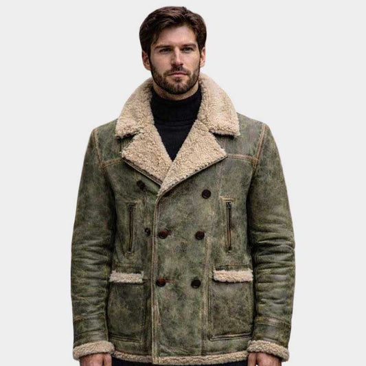 Men Olive Green Shearling Leather Jacket with Distressed Finish
