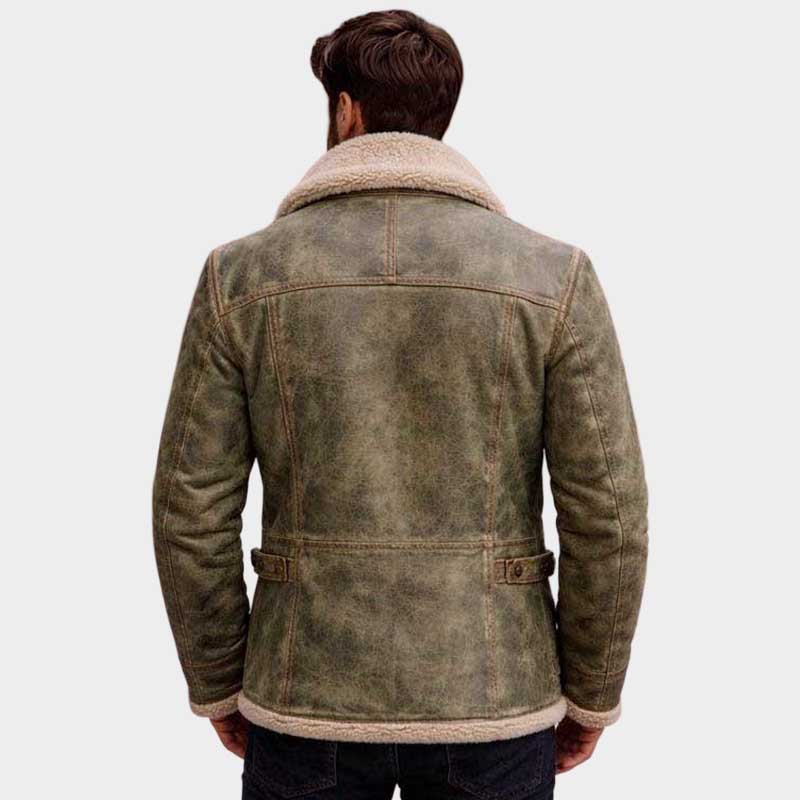 Men Olive Green Shearling Leather Jacket with Distressed Finish