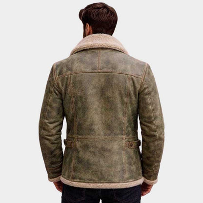 Men Olive Green Shearling Leather Jacket with Distressed Finish