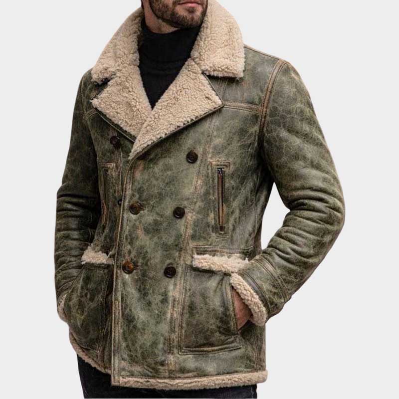 Men Olive Green Shearling Leather Jacket with Distressed Finish