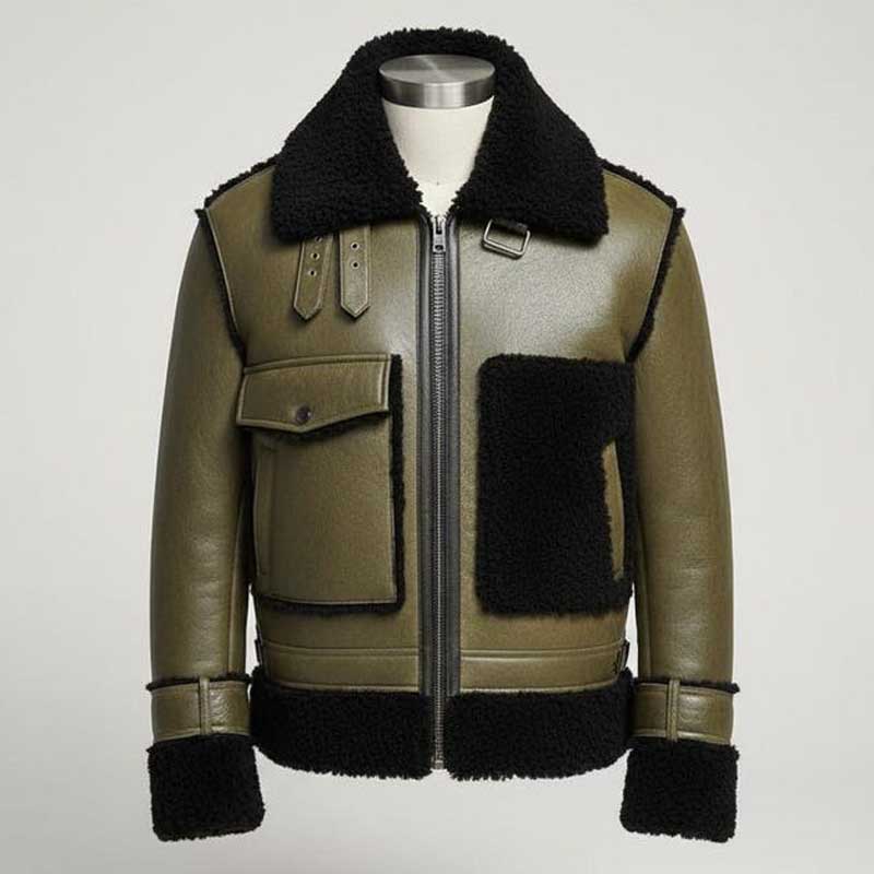 Men Olive Green and Black B3 Shearling Bomber Jacket