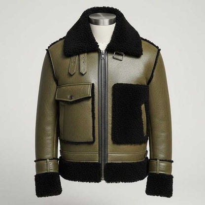 Men Olive Green and Black B3 Shearling Bomber Jacket