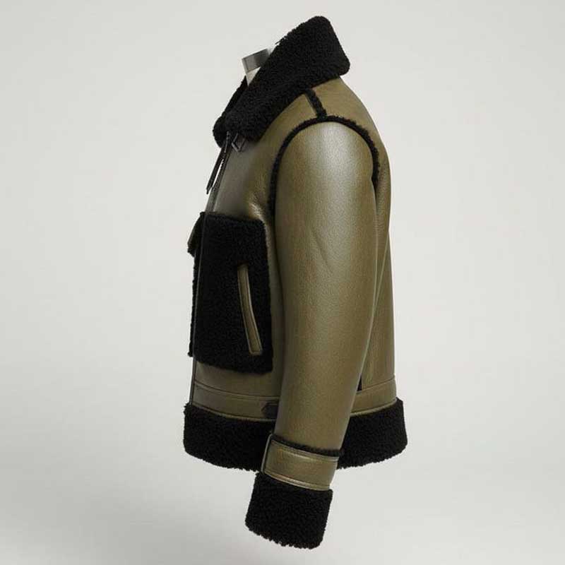 Men Olive Green and Black B3 Shearling Bomber Jacket