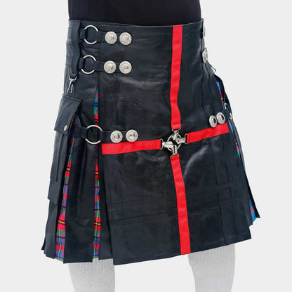 Men Red Cross Tartan Pleats Black Leather Gothic Kilt