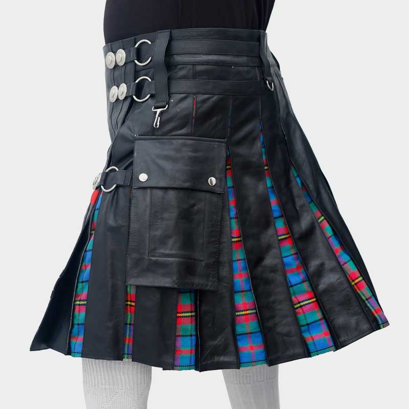 Men Red Cross Tartan Pleats Black Leather Gothic Kilt