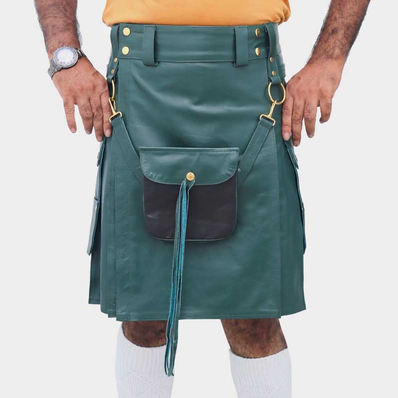 Men Scottish Green Real Leather Kilt
