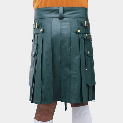 Men Scottish Green Real Leather Kilt