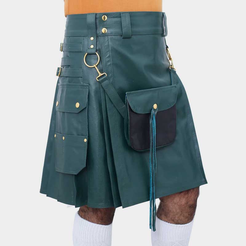 Men Scottish Green Real Leather Kilt