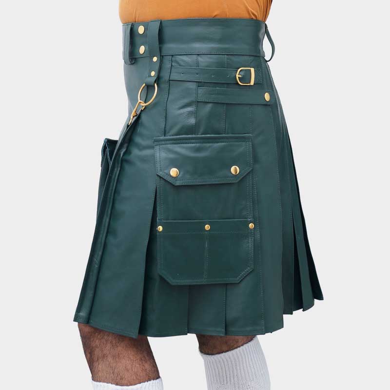Men Scottish Green Real Leather Kilt