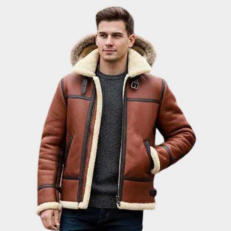 Men Shearling Leather Aviator Jacket with Hooded Winter Coat Design