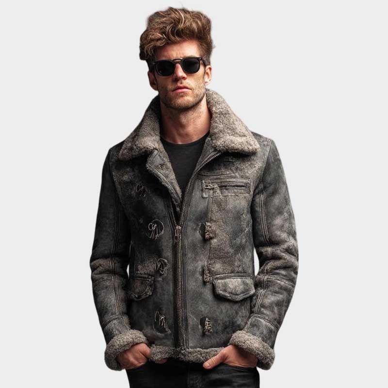 Men Vintage Distressed Leather Aviator Jacket with Shearling Lining