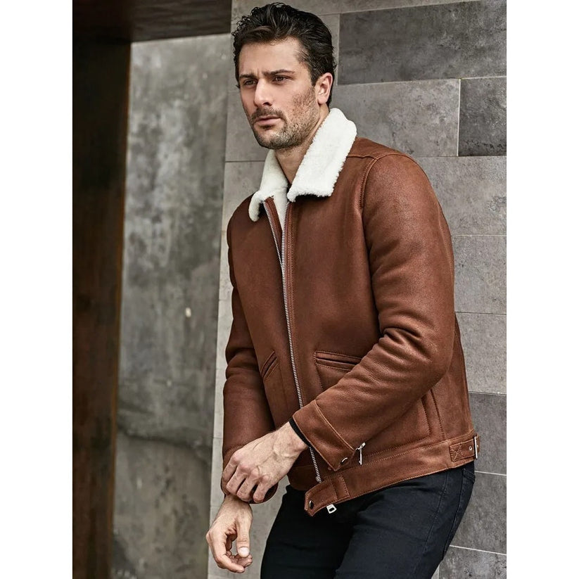 Men’s B3 Shearling Flight Jacket – Turn-Down Collar Winter Bomber Coat