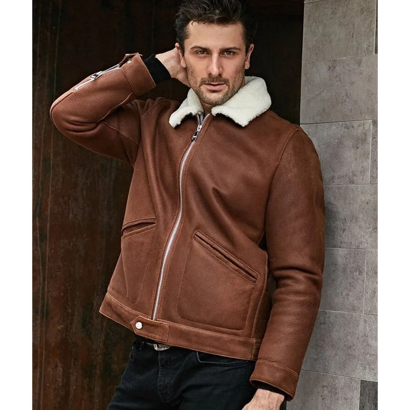 Men’s B3 Shearling Flight Jacket – Turn-Down Collar Winter Bomber Coat