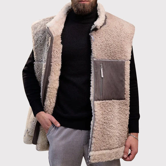 Men's Beige Shearling Wool-Collar Leather Vest