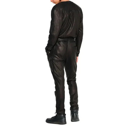 Men’s Black Cargo Leather Jumpsuit – Utility Meets Street Style