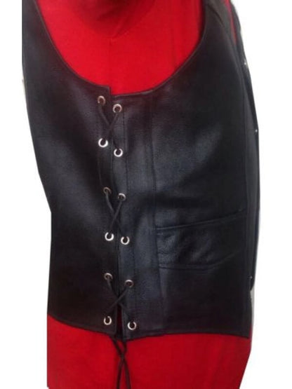 Men’s Black Genuine Leather Biker Vest with Side Lacing | Shearling Leather Jackets
