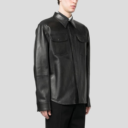 Men’s Black Lambskin Leather Shirt – Classic Chest Pocket Edition