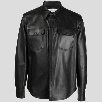 Men’s Black Lambskin Leather Shirt – Classic Chest Pocket Edition