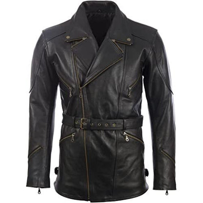 Men’s Black Belted Leather Moto Coat