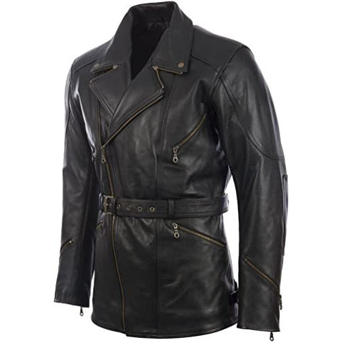 Men’s Black Belted Leather Moto Coat