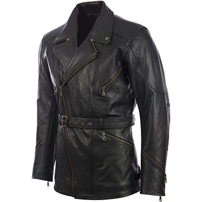 Men’s Black Belted Leather Moto Coat
