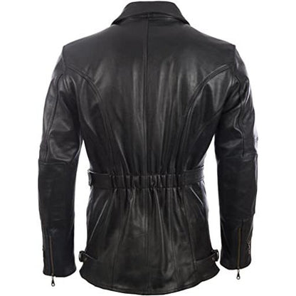 Men’s Black Belted Leather Moto Coat