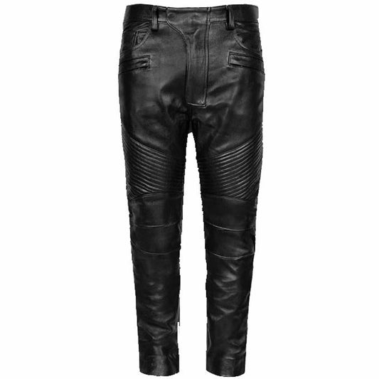 Men's Slim Fit Black Leather Biker Jeans
