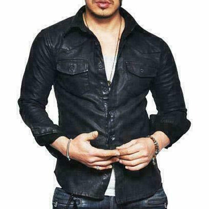 Men’s Black Leather Biker Shirt – Rugged Moto Style