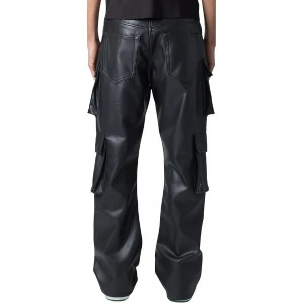 Men’s Black Leather Cargo Pants with 4 Flap Pockets
