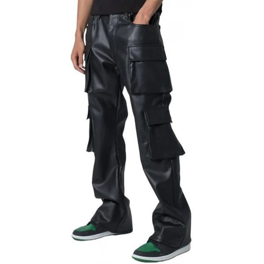 Men’s Black Leather Cargo Pants with 4 Flap Pockets