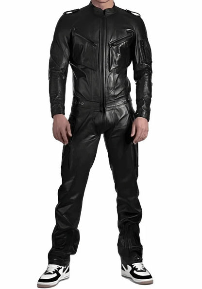 Men’s Black Leather Jumpsuit with Adjustable Straps – Rugged Utility Fit