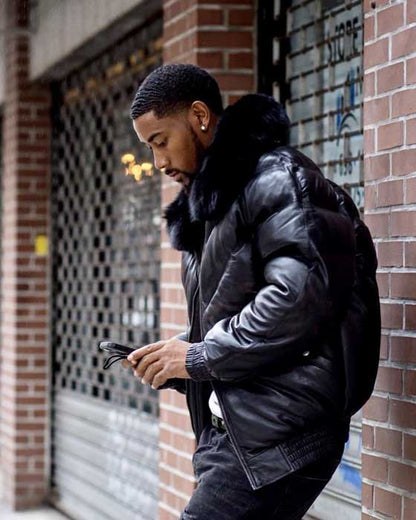 Black lambskin bomber jacket with black fox collar