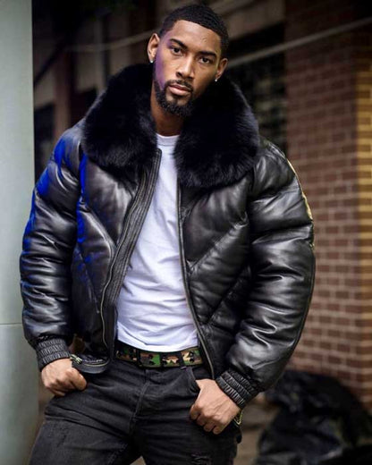 Men's all-black leather V-bomber jacket front view