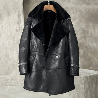 Men’s Black Shearling Trench Coat – Long Winter Overcoat