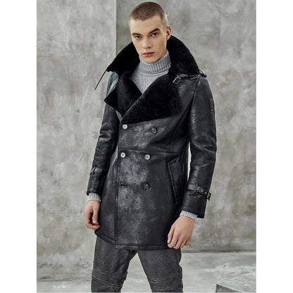 Men’s Black Shearling Trench Coat – Long Winter Overcoat