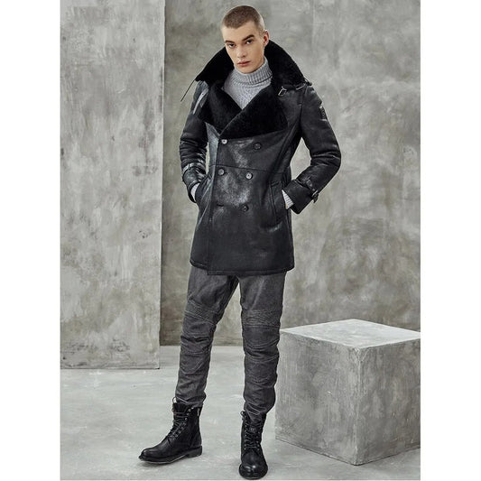 Men’s Black Shearling Trench Coat – Long Winter Overcoat