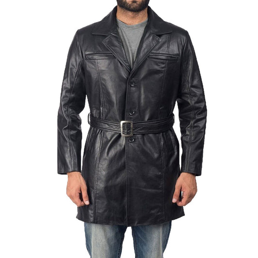 Men’s Black Sheepskin Leather Trench Coat – Warm & Classic Fit