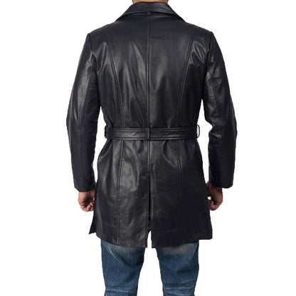 Men’s Black Sheepskin Leather Trench Coat – Warm & Classic Fit